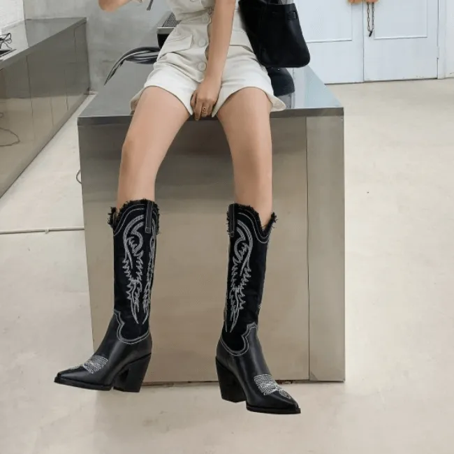 Fashion Leather Patchwork Chunky Heel Cowboy Boots