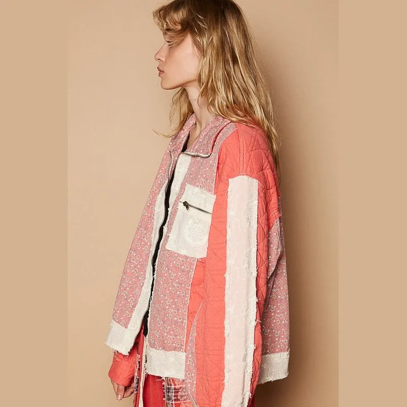 Floral Patchwork Zip Up Long Sleeve Jacket