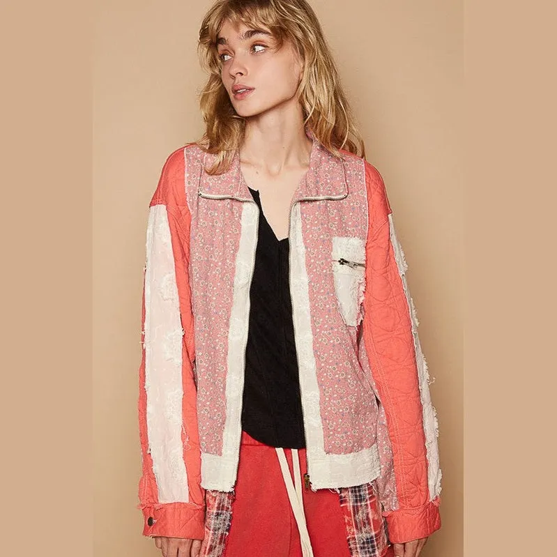Floral Patchwork Zip Up Long Sleeve Jacket