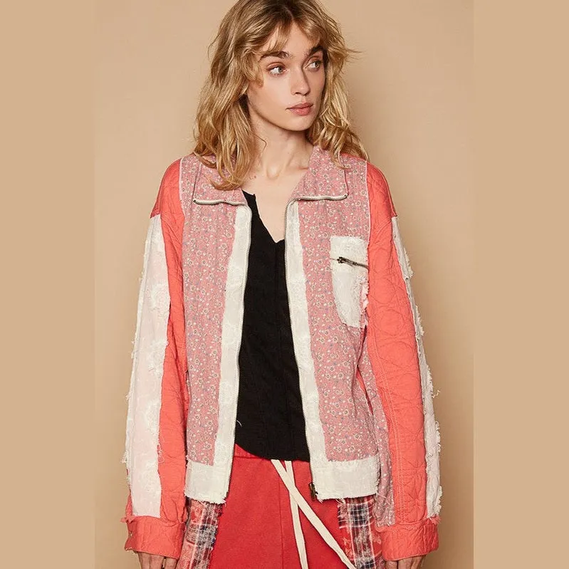 Floral Patchwork Zip Up Long Sleeve Jacket