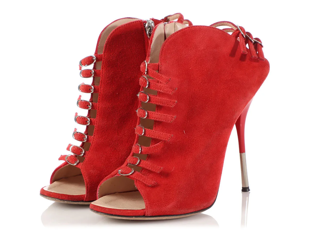 Giuseppe Zanotti Red Suede Strappy Open-Toe Booties