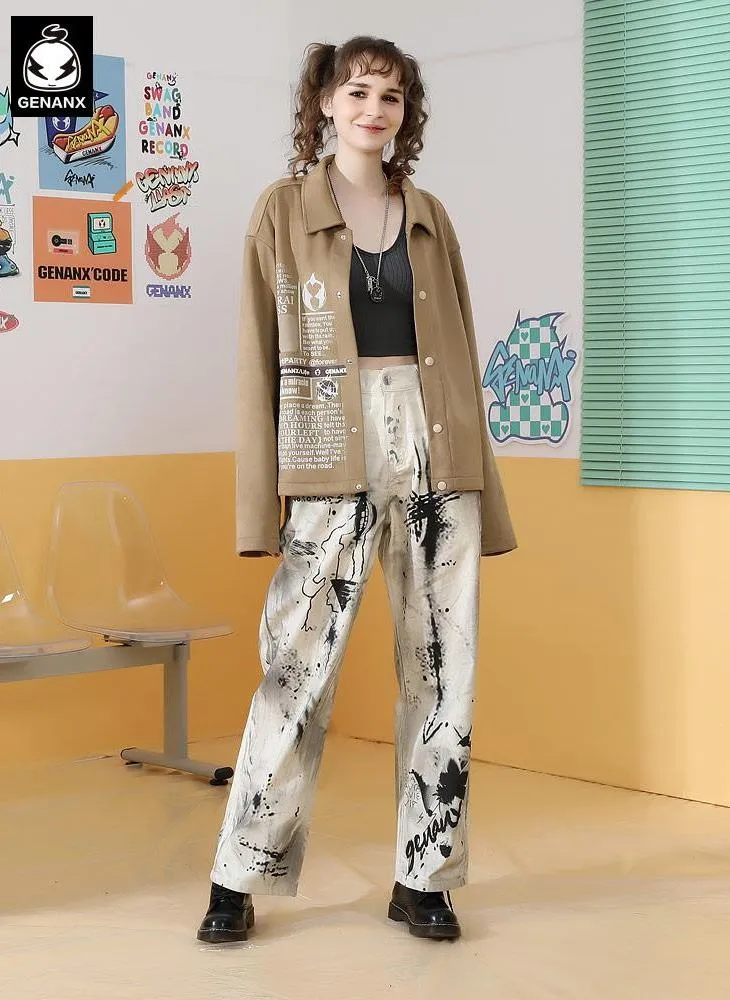 Graphic Print Oversized Suede Jacket