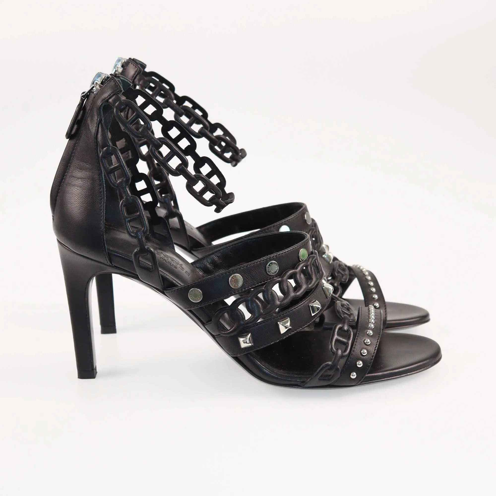 Hermes Black Chaine D'ancre Studded Heels Sandals