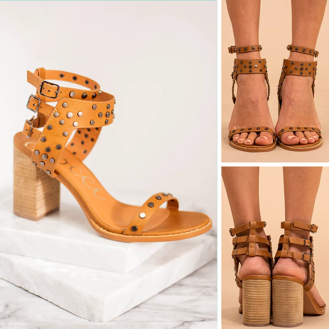 Just Your Type Tan Brown Studded Heels