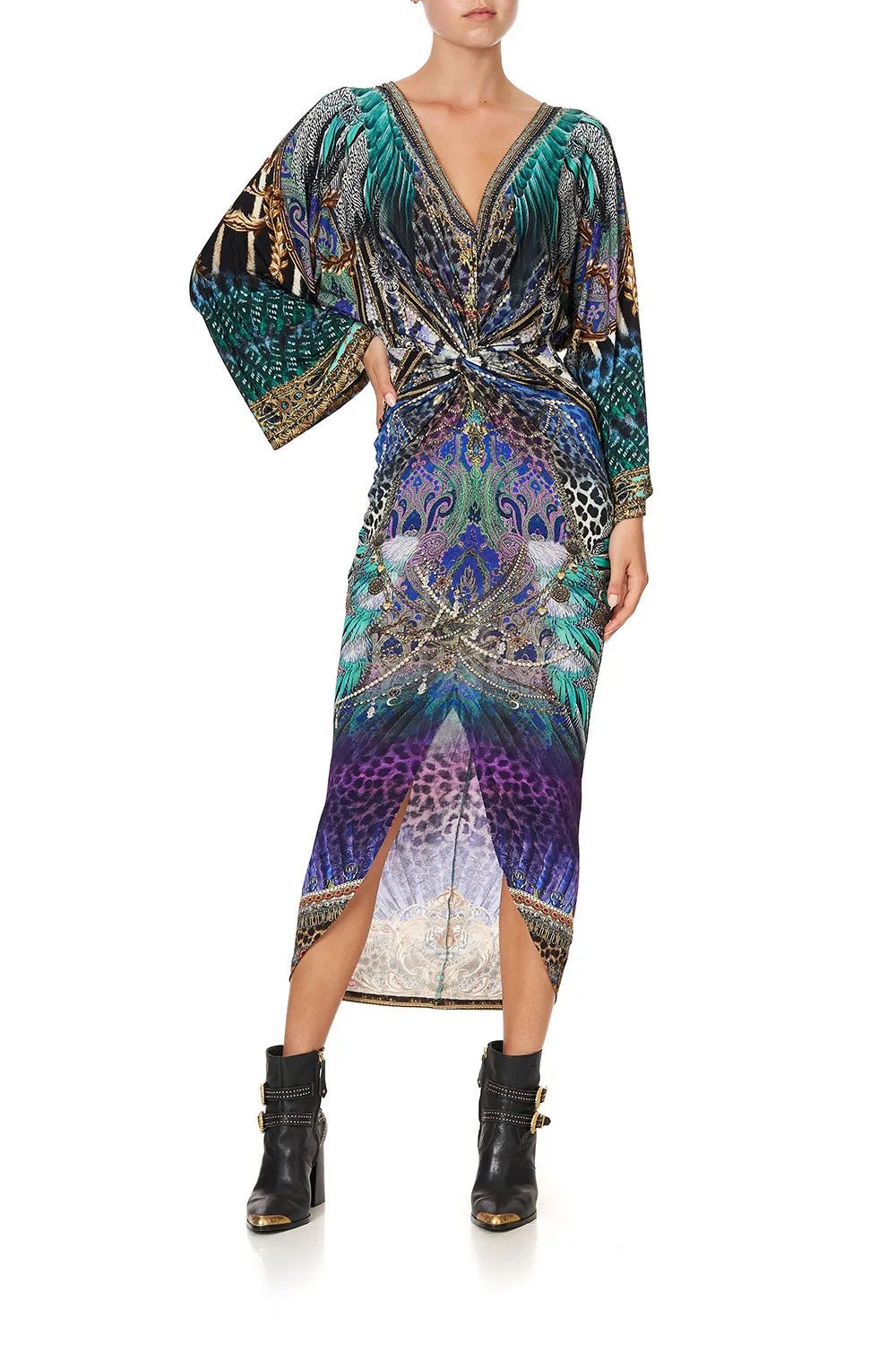 LONG SPLIT FRONT TWIST DRESS ANIMAL ARMY