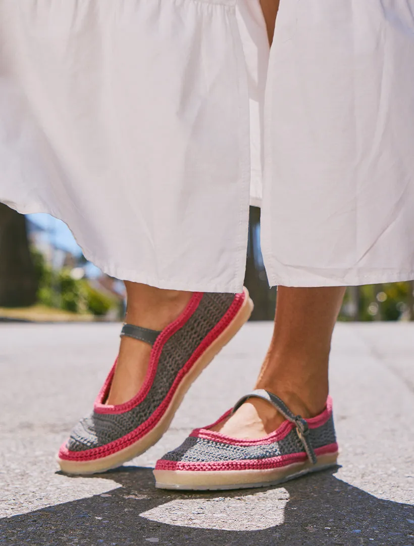 Loom Hand-Crocheted Mary Jane Flats Light Grey Pink - Preorder - Ships 21st March 25