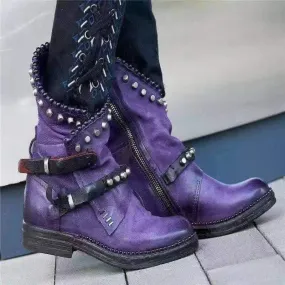 Low Heel Buckle Rivet Calf Boots