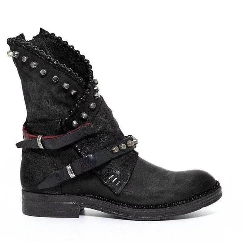 Low Heel Buckle Rivet Calf Boots