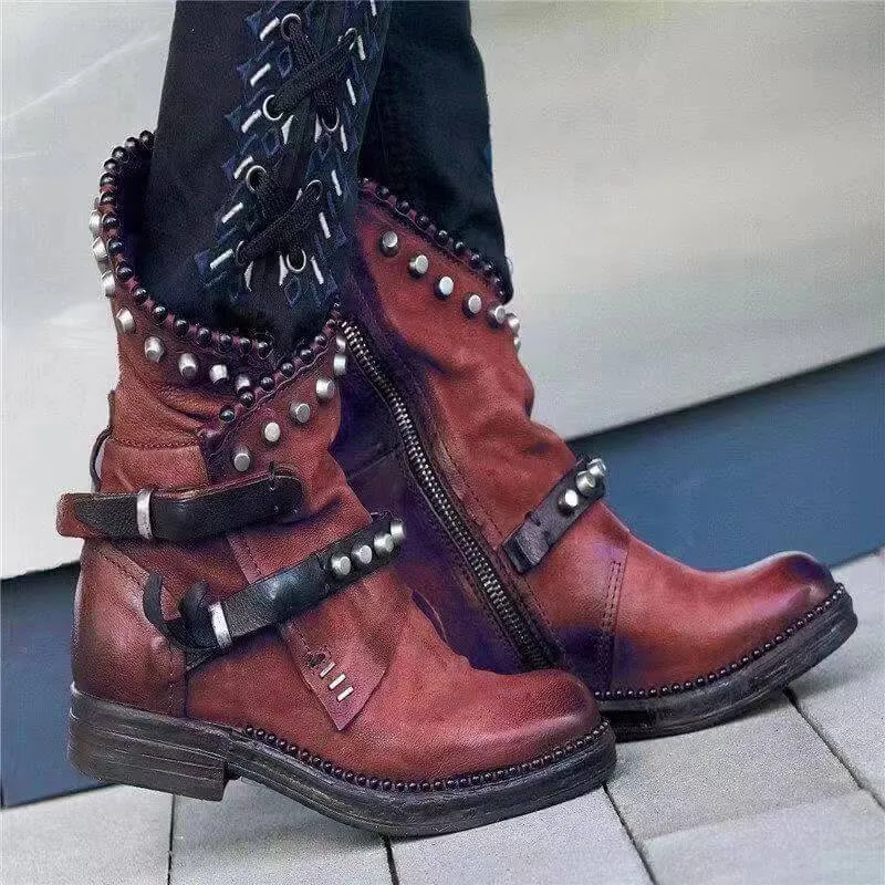 Low Heel Buckle Rivet Calf Boots