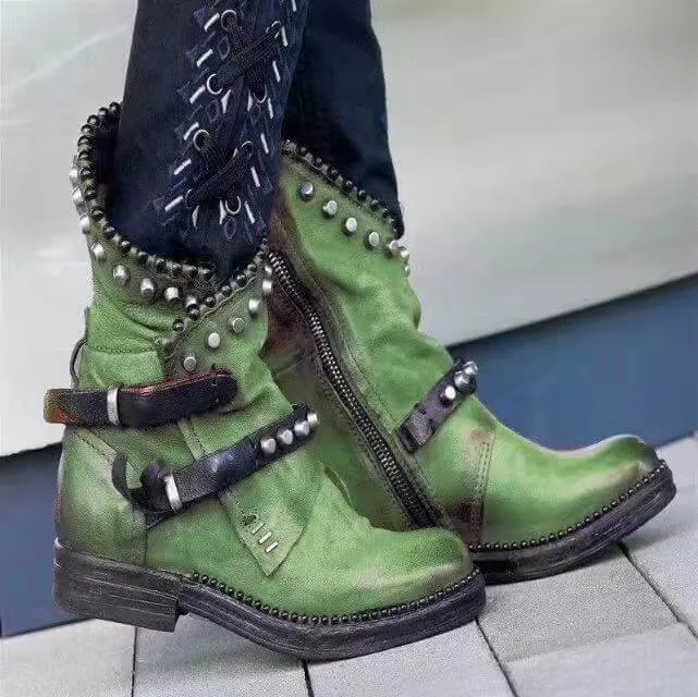 Low Heel Buckle Rivet Calf Boots