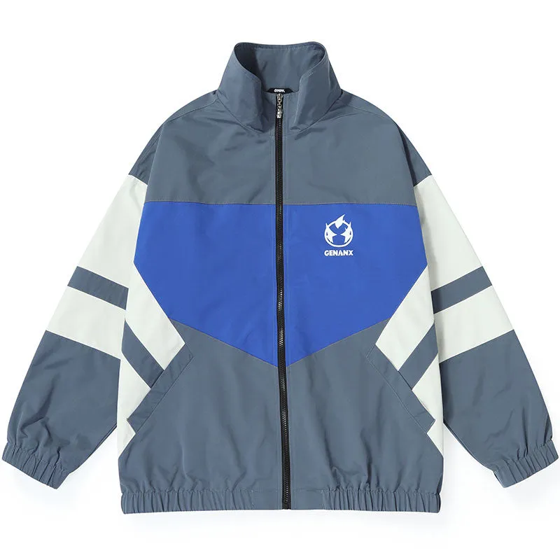 Minimalist Color Block Print Stand Collar Jacket
