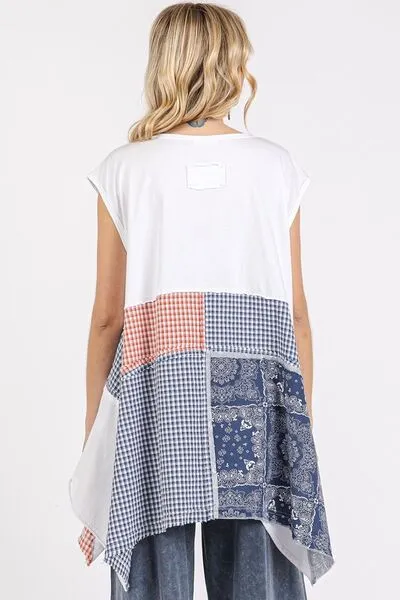 Mittoshop Patchwork Mineral Washed Round Neck Cap Sleeve Top