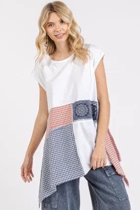 Mittoshop Patchwork Mineral Washed Round Neck Cap Sleeve Top