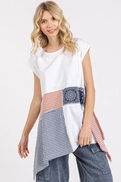 Mittoshop Patchwork Mineral Washed Round Neck Cap Sleeve Top