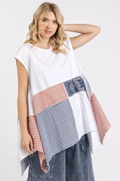 Mittoshop Patchwork Mineral Washed Round Neck Cap Sleeve Top