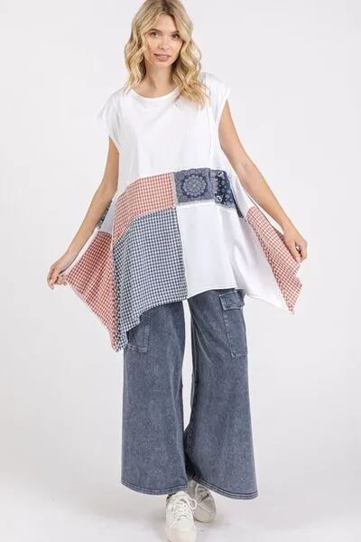 Mittoshop Patchwork Mineral Washed Round Neck Cap Sleeve Top