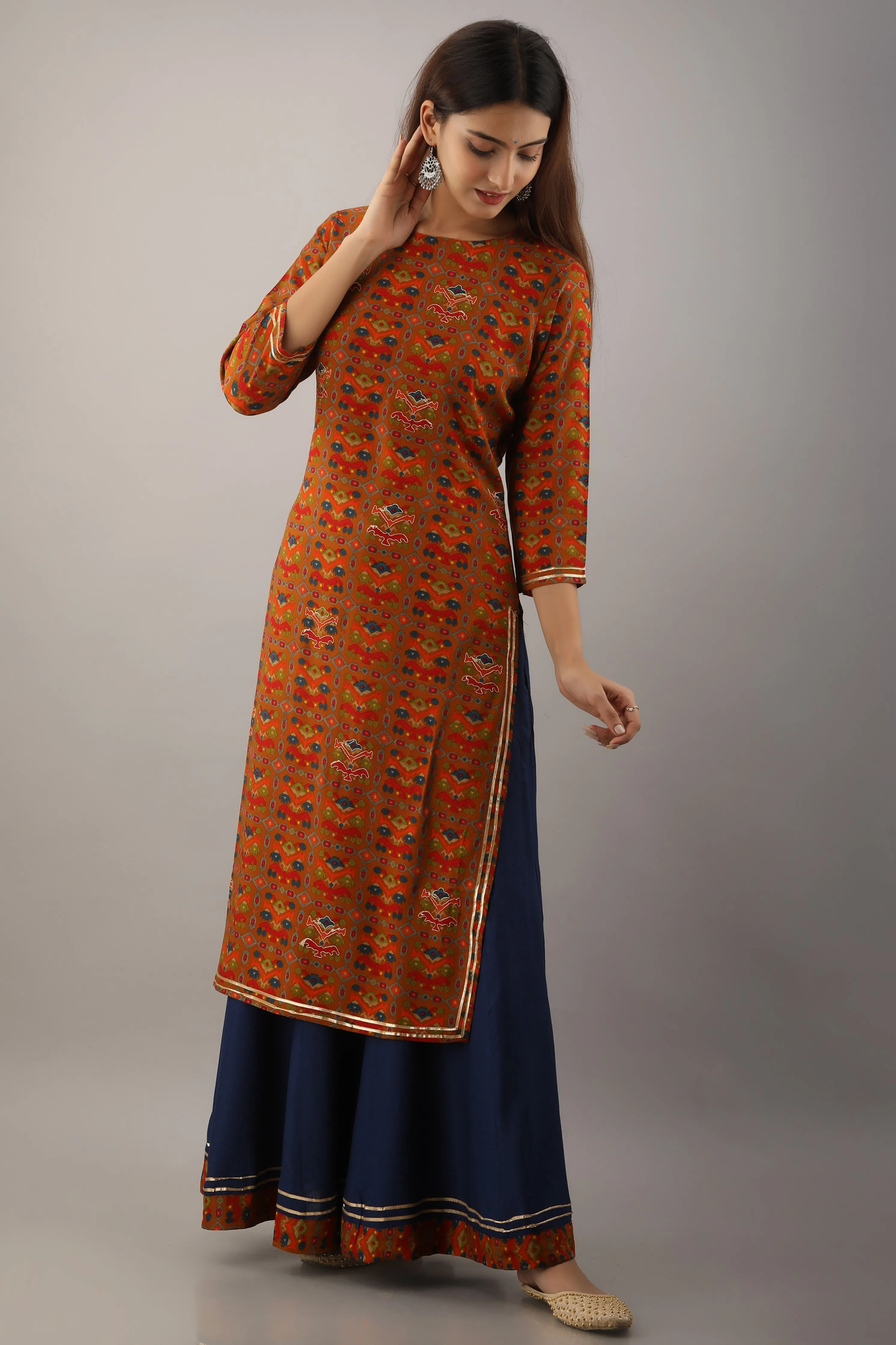 Multicolor Rayon Straight Womens Kurta with Skirt Set
