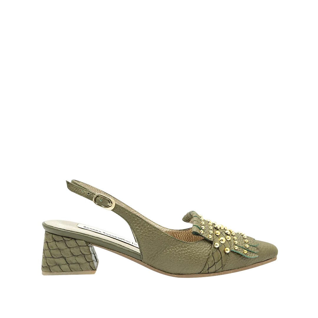 Olive green leather heel with studs