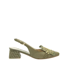 Olive green leather heel with studs