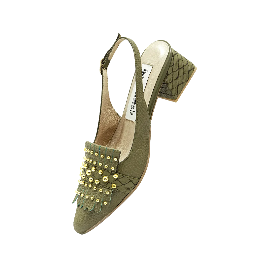 Olive green leather heel with studs