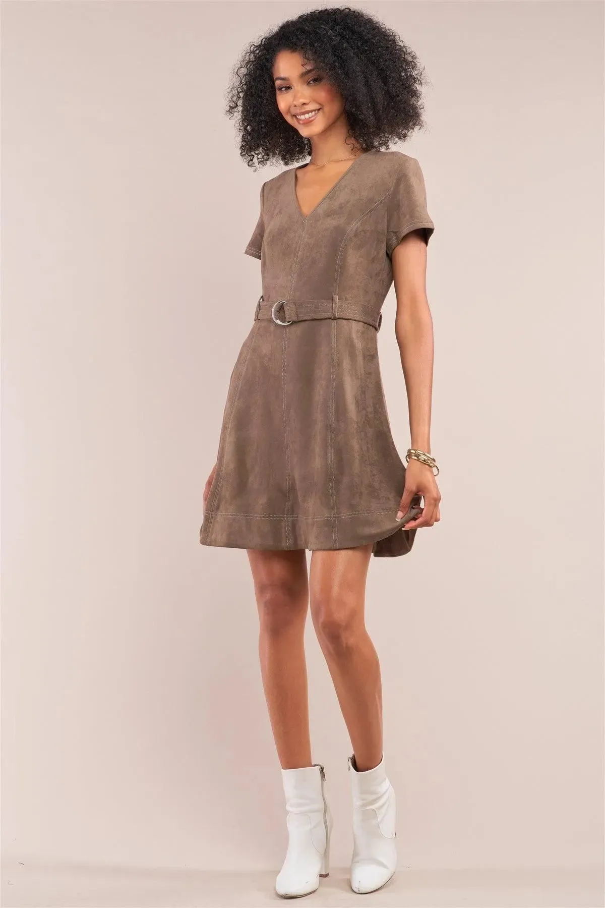 Olive Suede V-Neck Tight Fit D-Ring Buckle Belt Detail Mini Dress