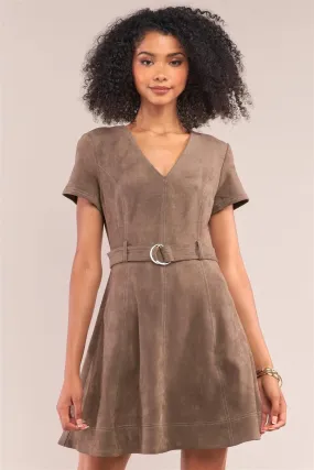 Olive Suede V-Neck Tight Fit D-Ring Buckle Belt Detail Mini Dress