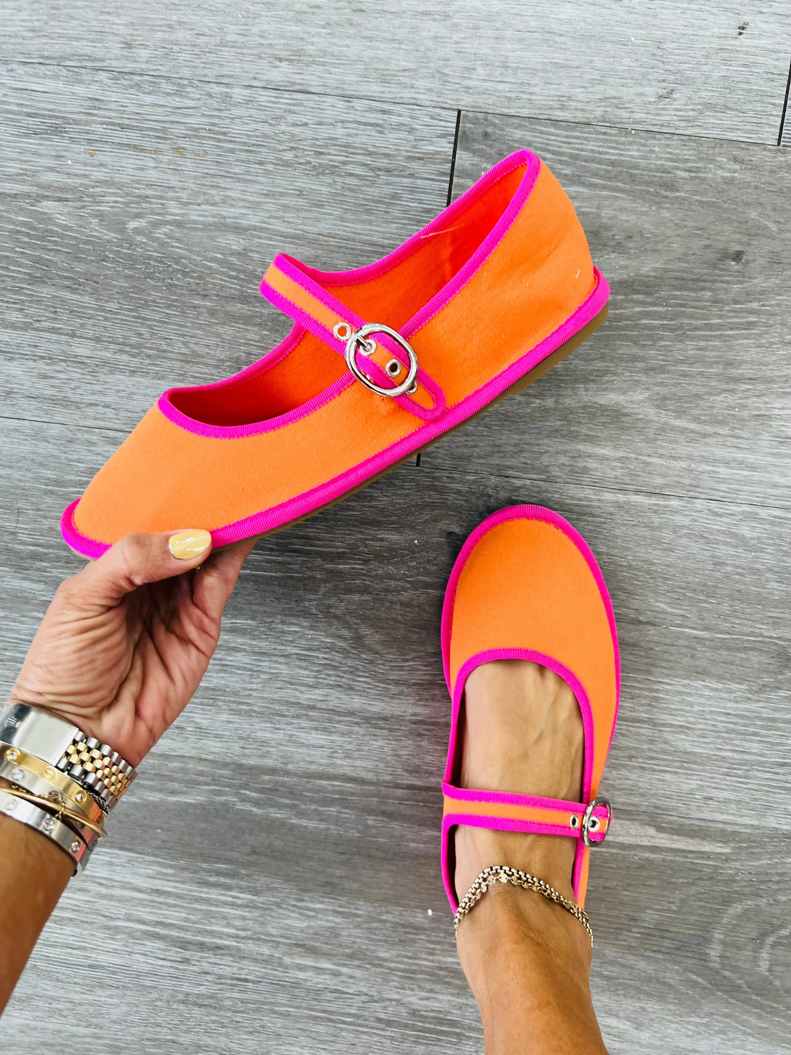 Orange/Fuchsia Cotton Mary Jane Flats