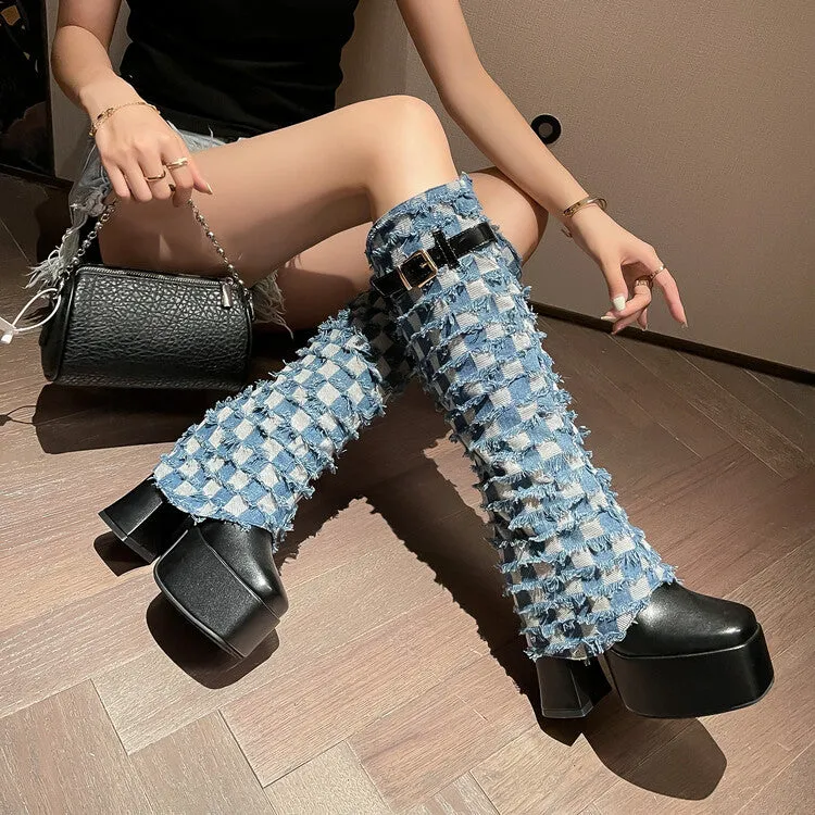 Patchwork Belt Buckle High Heel Fashion Boots