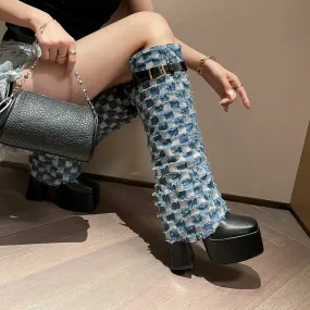 Patchwork Belt Buckle High Heel Fashion Boots