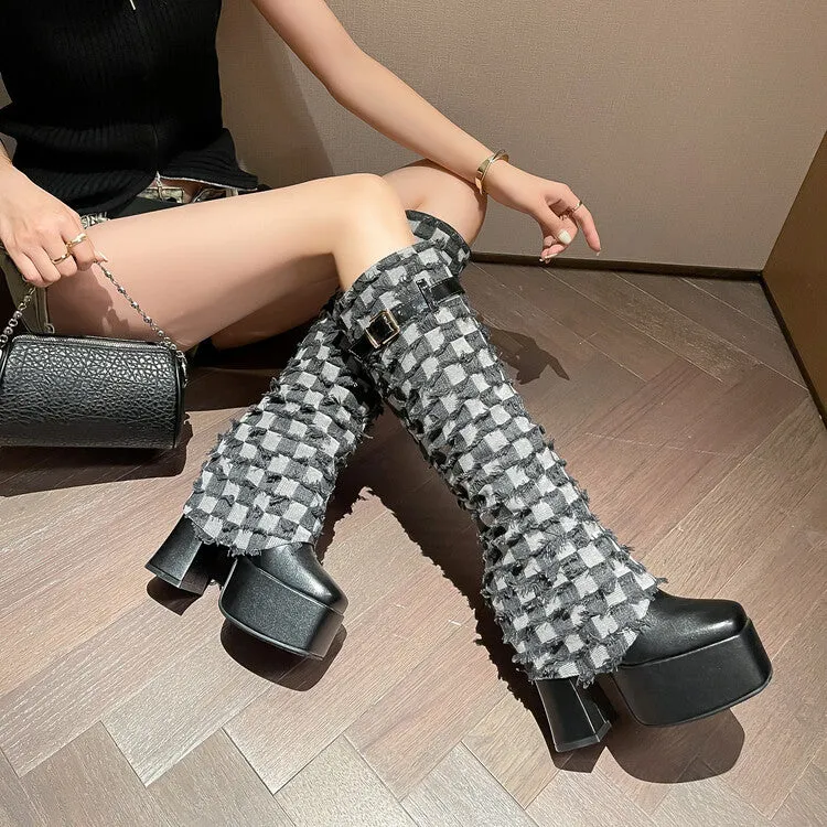 Patchwork Belt Buckle High Heel Fashion Boots