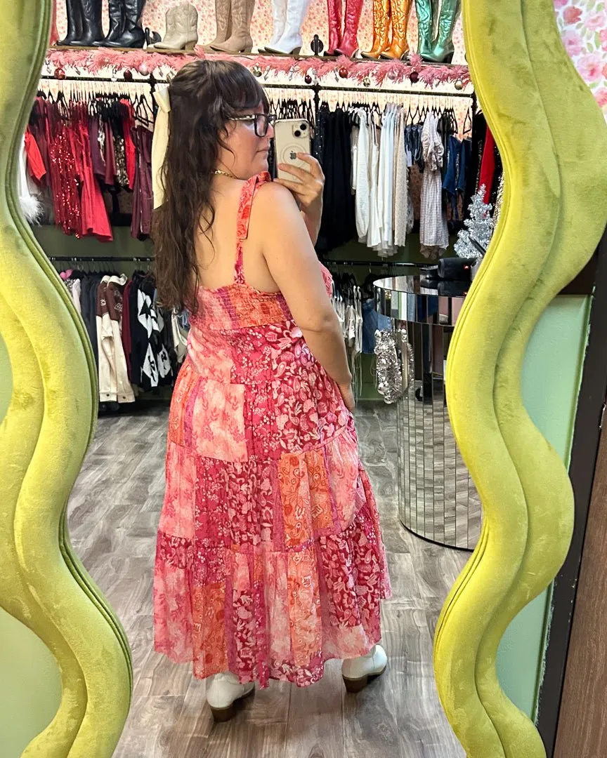 Pink Multi Quilted Patchwork Smocked Midi Dress