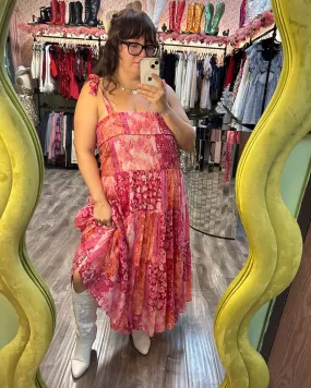 Pink Multi Quilted Patchwork Smocked Midi Dress