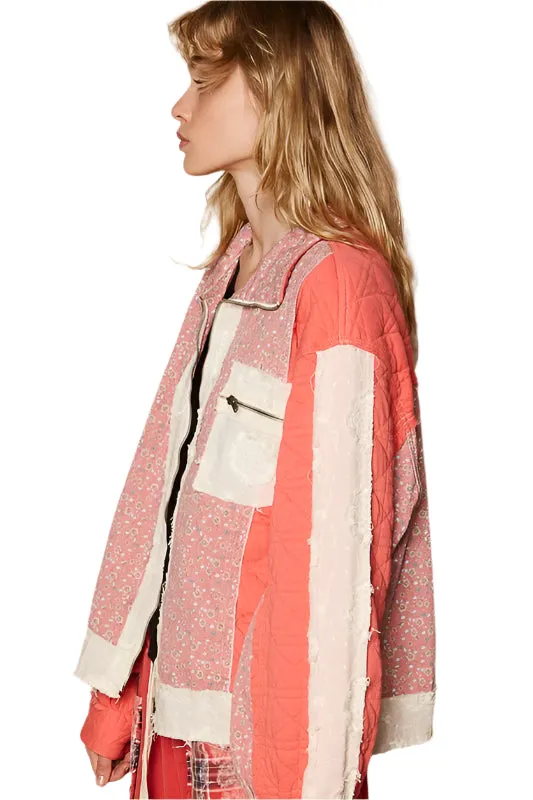 POL Floral Patchwork Zip Up Long Sleeve Jacket
