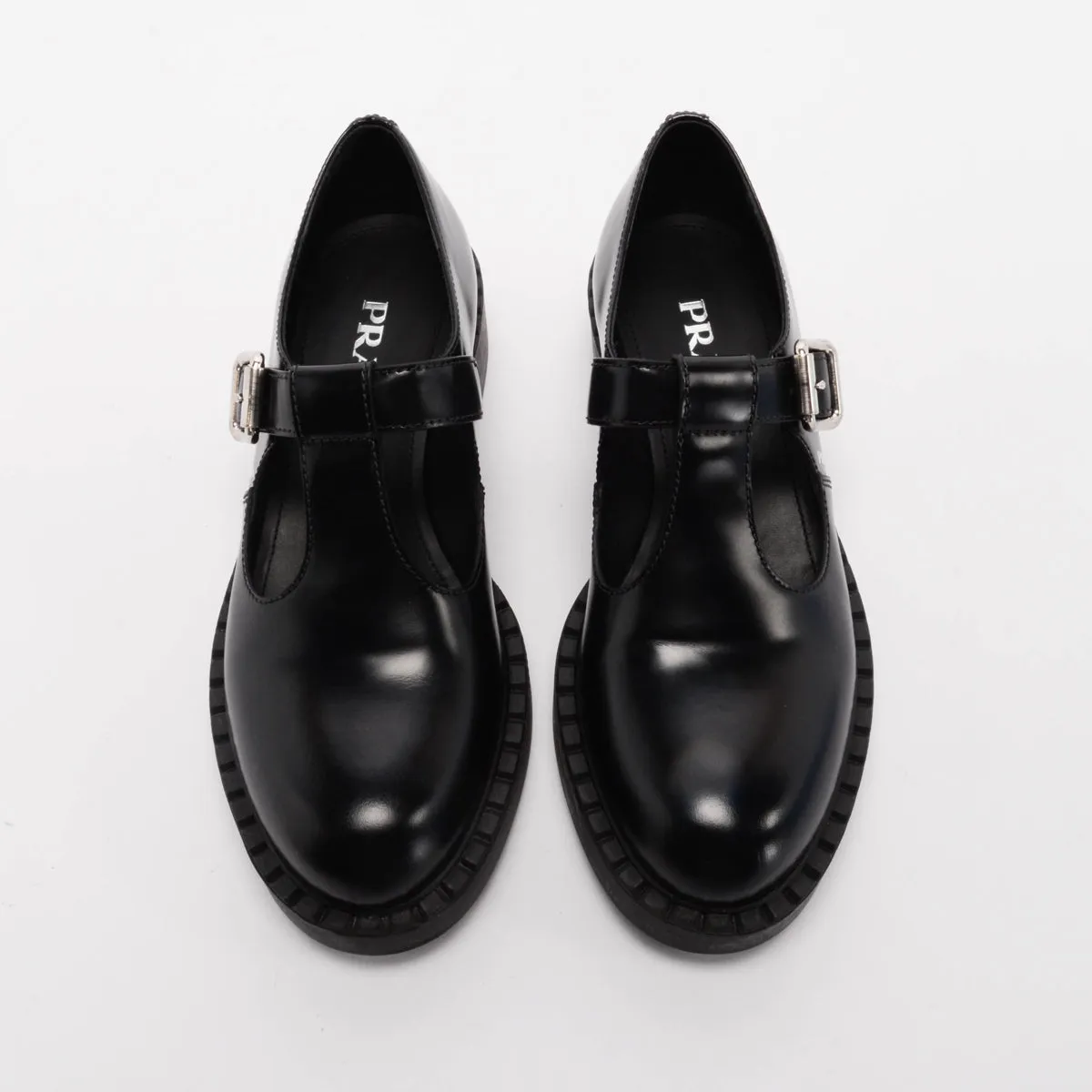Prada Black Leather Mary Jane T-Strap Shoes 37.5