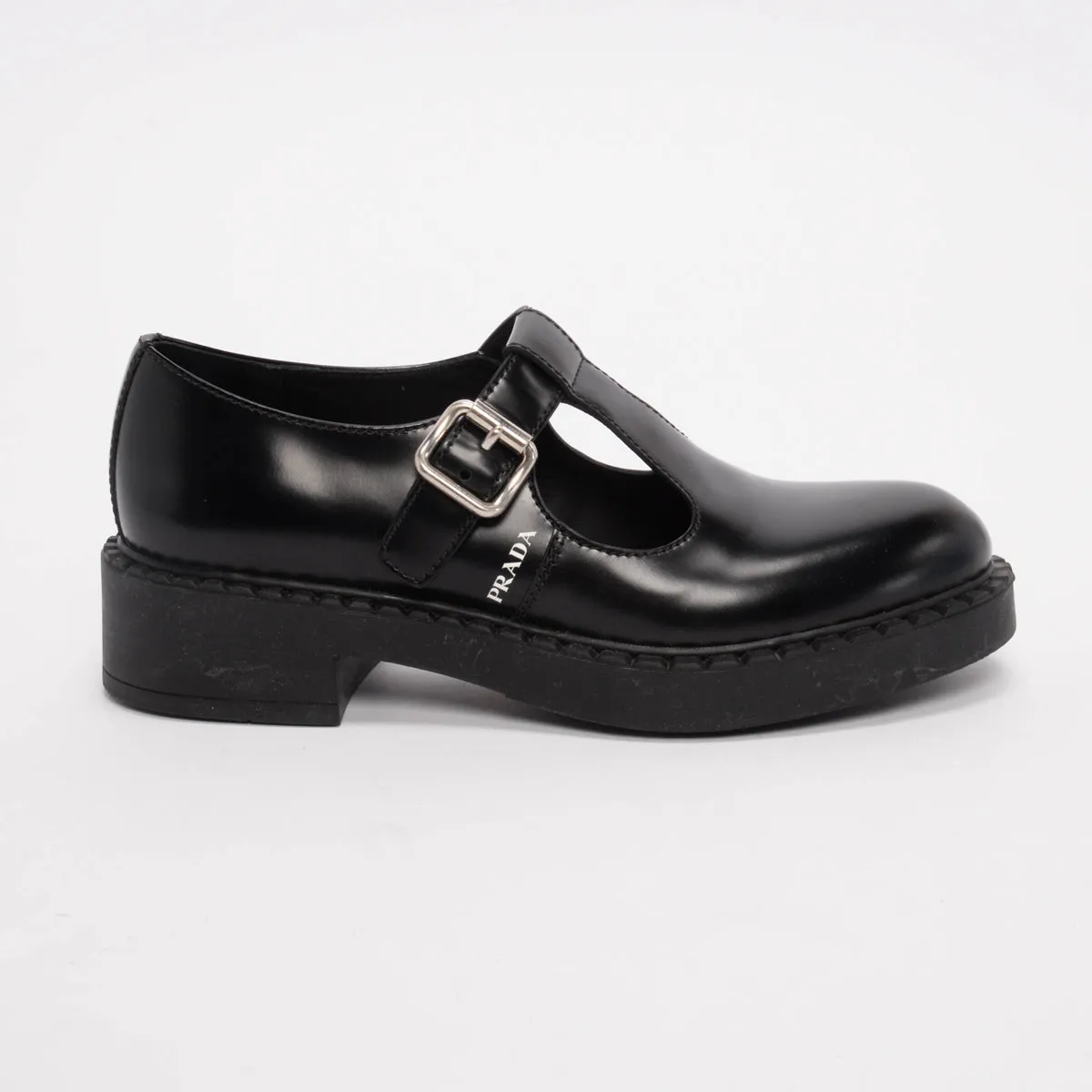 Prada Black Leather Mary Jane T-Strap Shoes 37.5