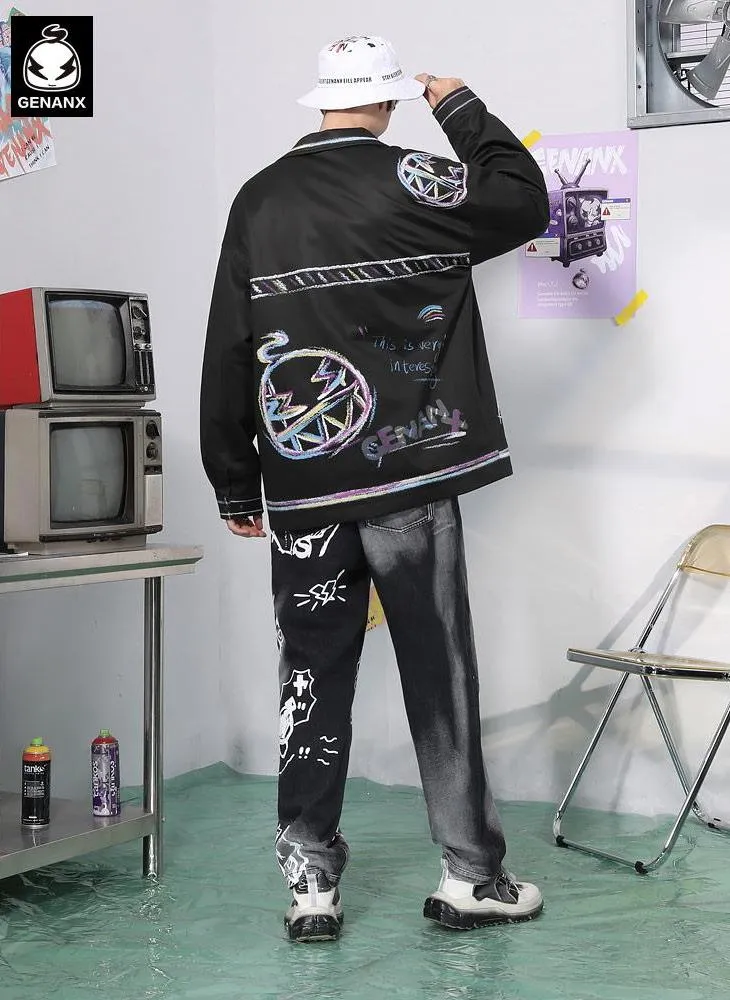 Rainbow Color Lines Spray Paint Graffiti Button Jacket