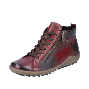 Remonte R1467-35 Ladies Vino Red Multi Leather Water Resistant Zip & Lace Ankle Boots