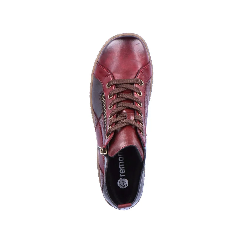 Remonte R1467-35 Ladies Vino Red Multi Leather Water Resistant Zip & Lace Ankle Boots
