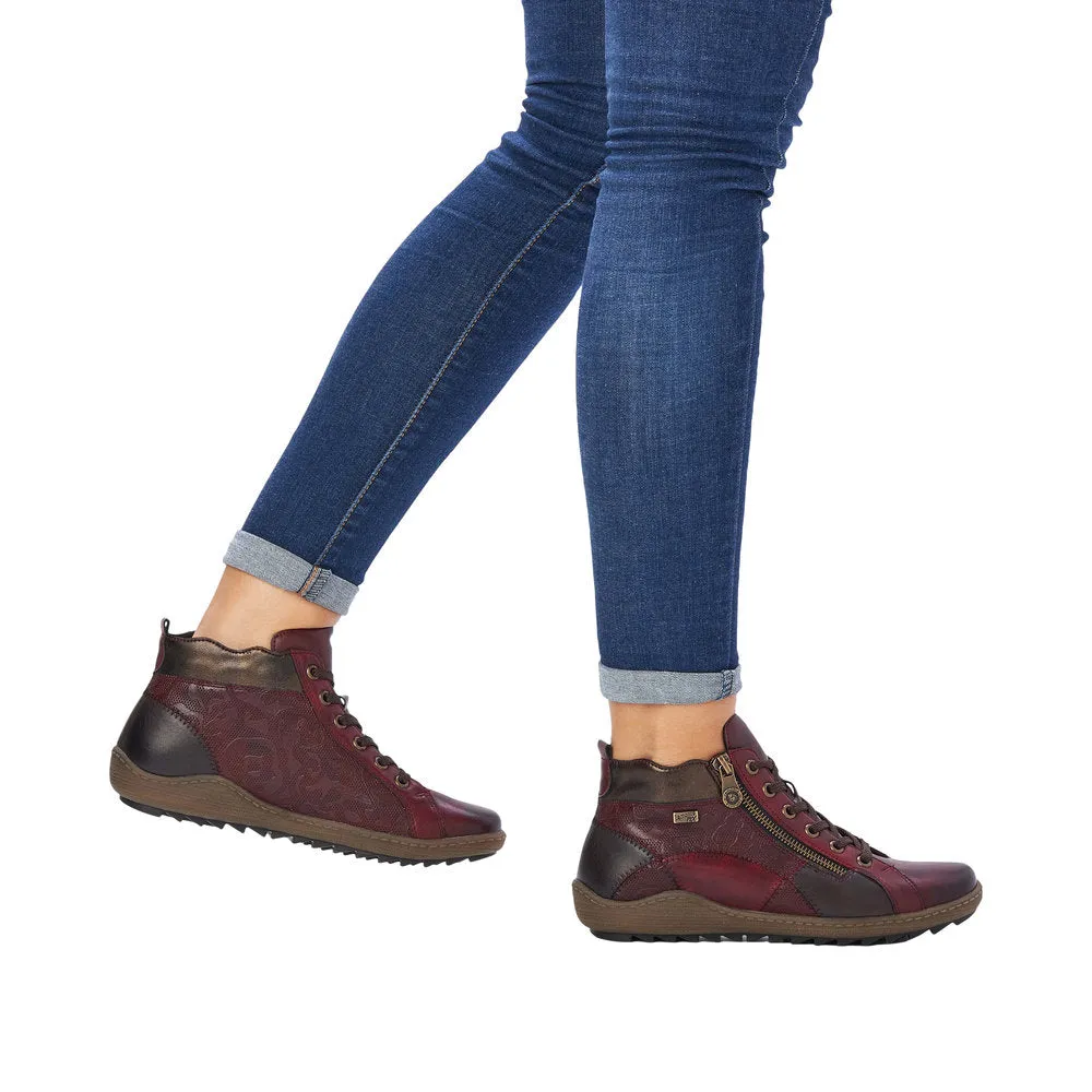 Remonte R1467-35 Ladies Vino Red Multi Leather Water Resistant Zip & Lace Ankle Boots