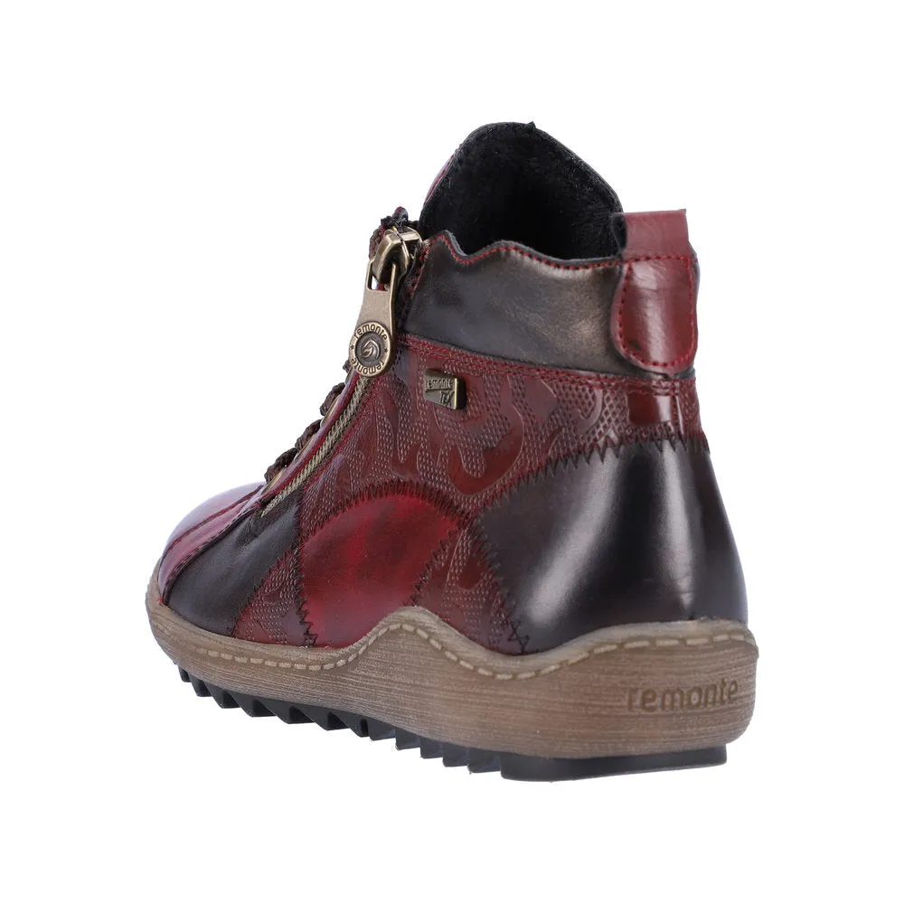 Remonte R1467-35 Ladies Vino Red Multi Leather Water Resistant Zip & Lace Ankle Boots