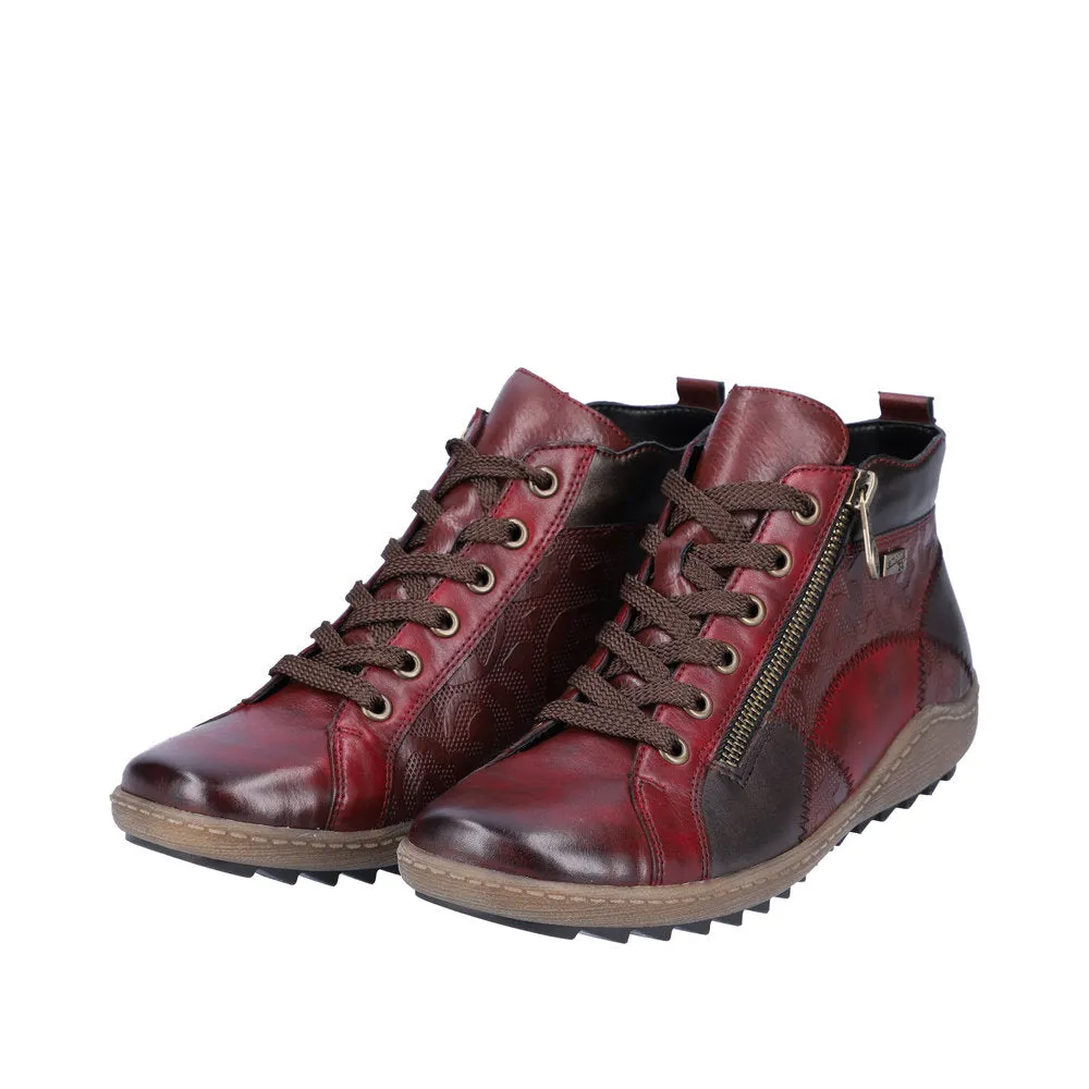 Remonte R1467-35 Ladies Vino Red Multi Leather Water Resistant Zip & Lace Ankle Boots