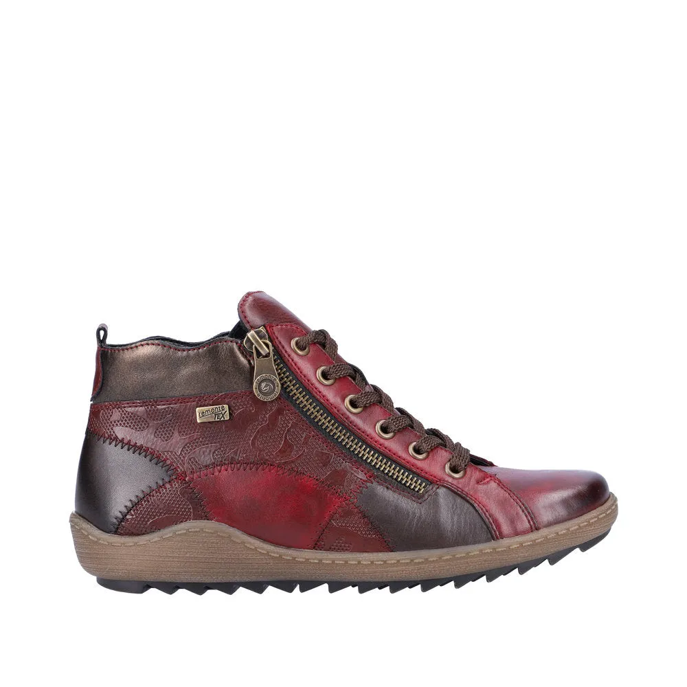 Remonte R1467-35 Ladies Vino Red Multi Leather Water Resistant Zip & Lace Ankle Boots