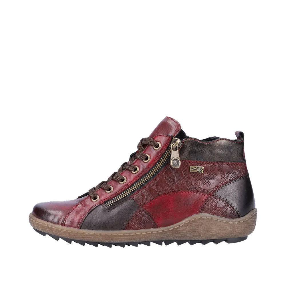 Remonte R1467-35 Ladies Vino Red Multi Leather Water Resistant Zip & Lace Ankle Boots