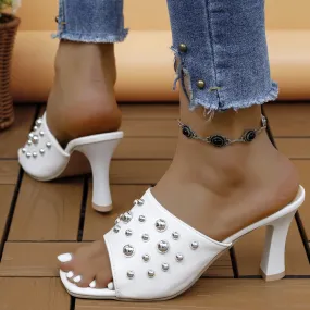Rivets square toe high heels mules