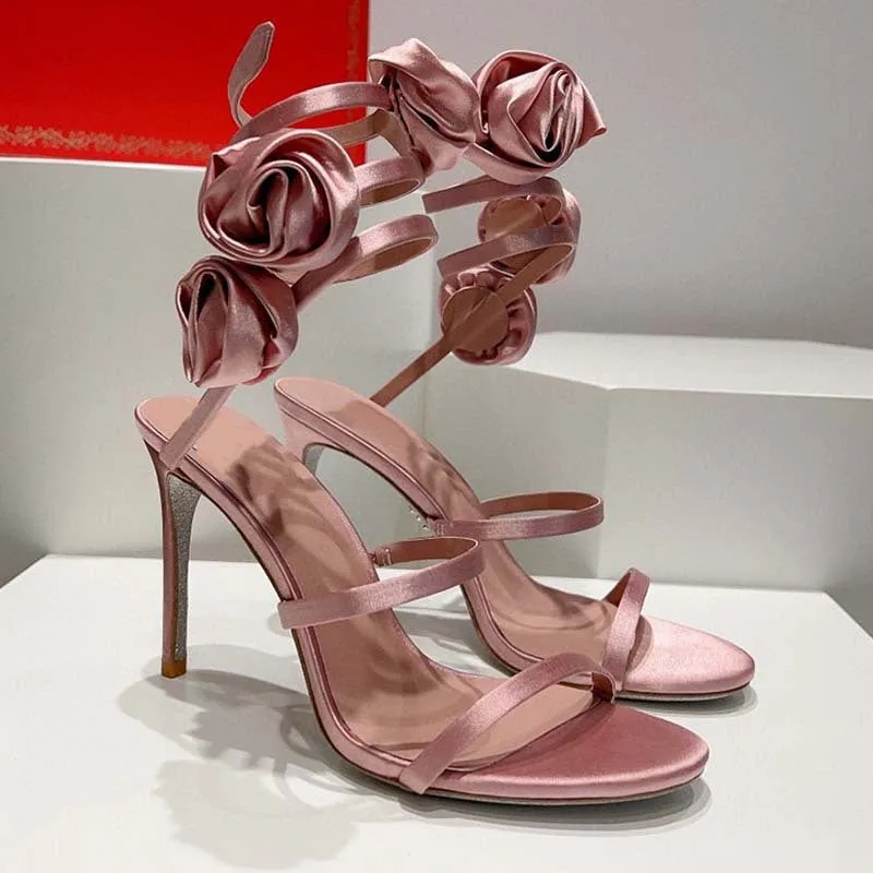 Rose Flower Snake Shaped Silver Sole Sandals