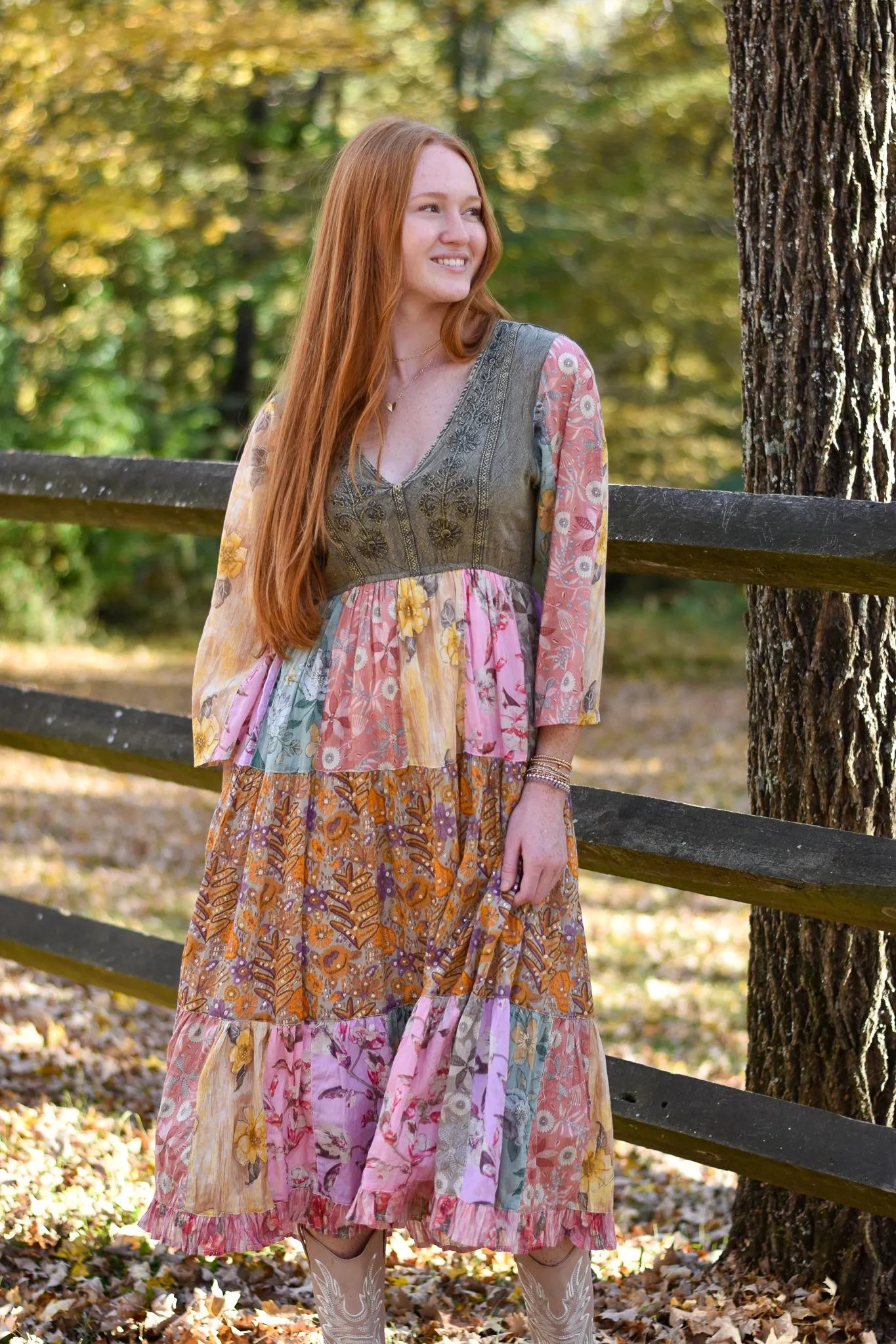 Rustic Bohemian Patchwork Midi Dress