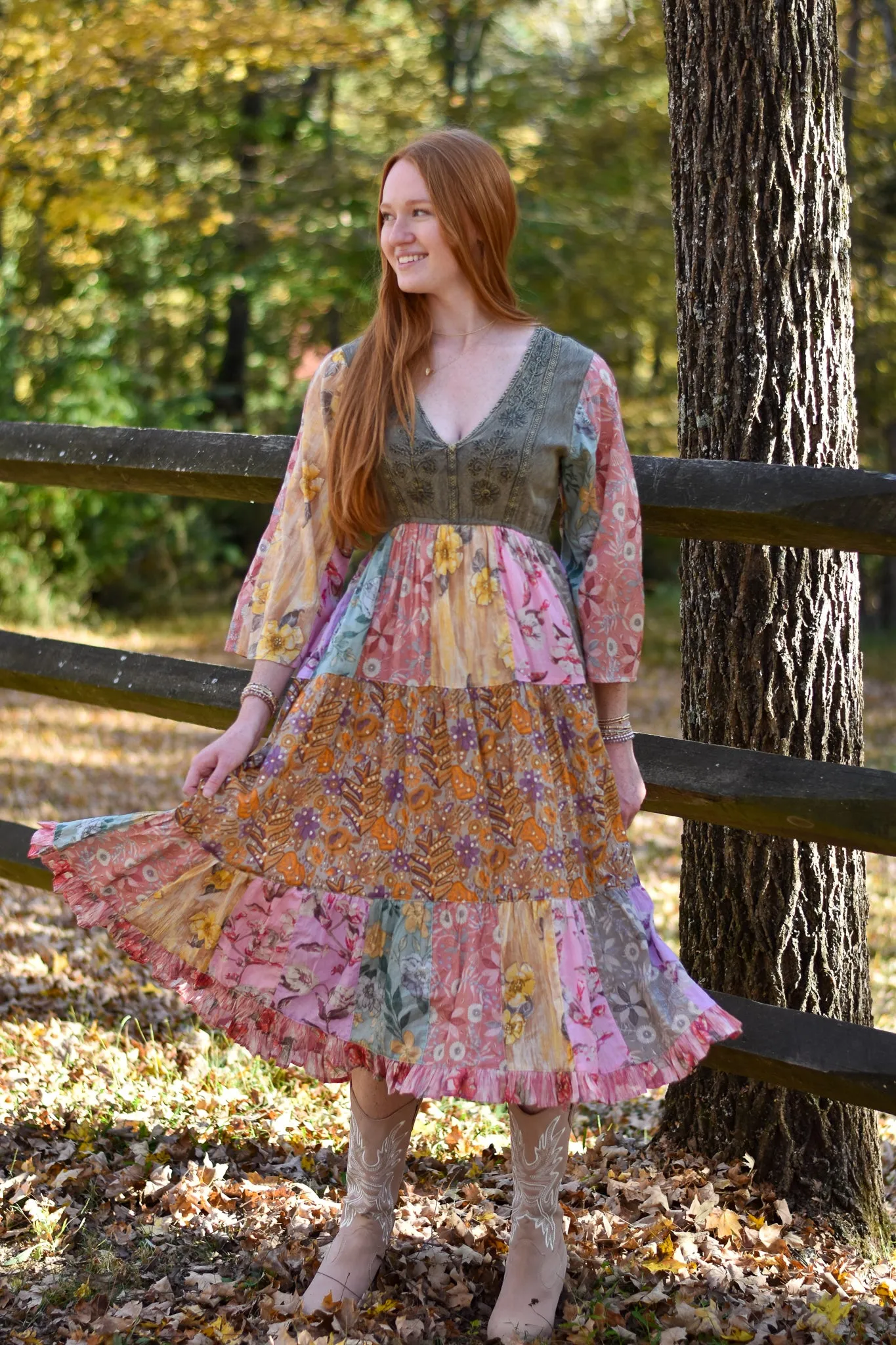 Rustic Bohemian Patchwork Midi Dress