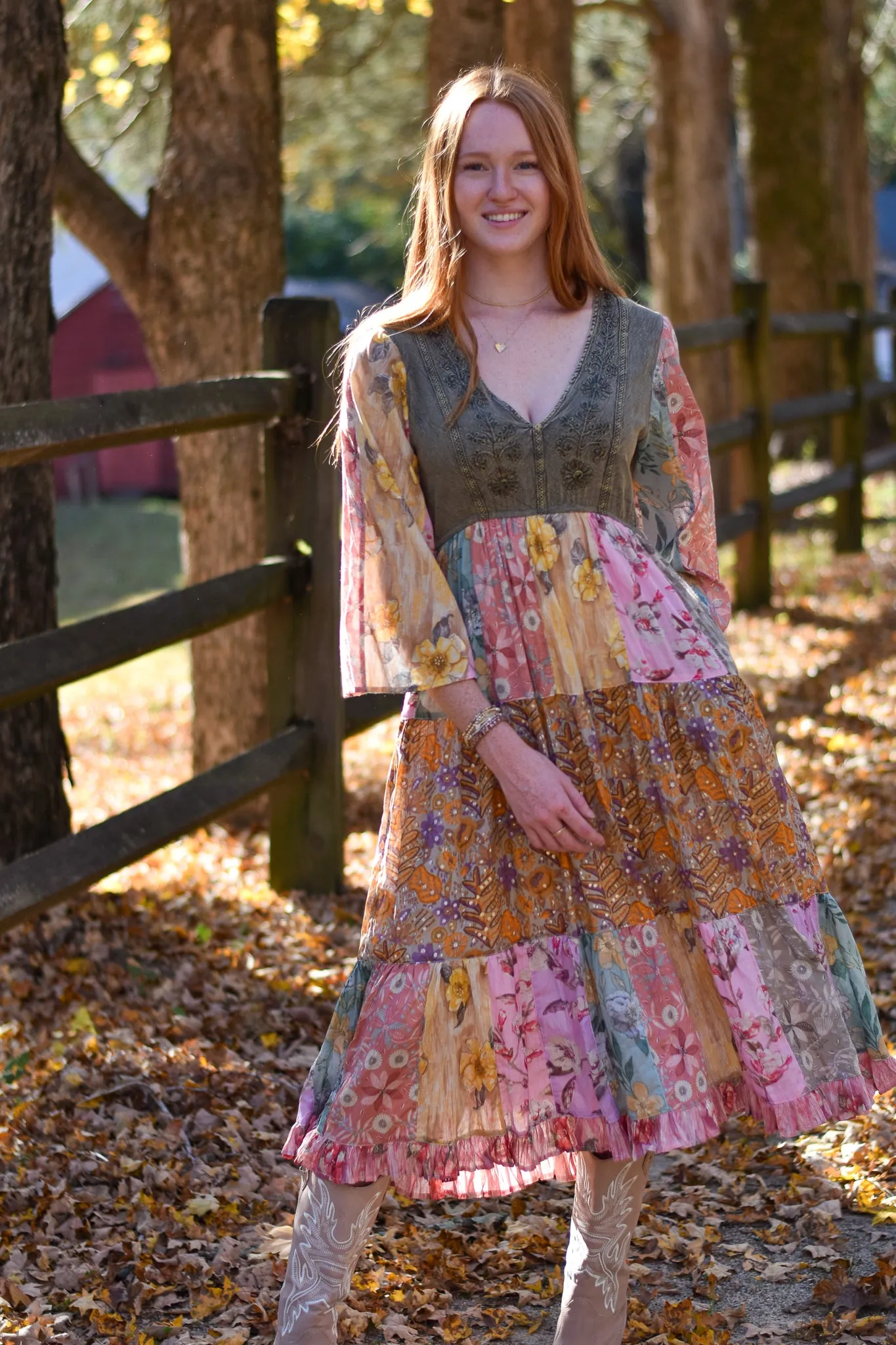 Rustic Bohemian Patchwork Midi Dress
