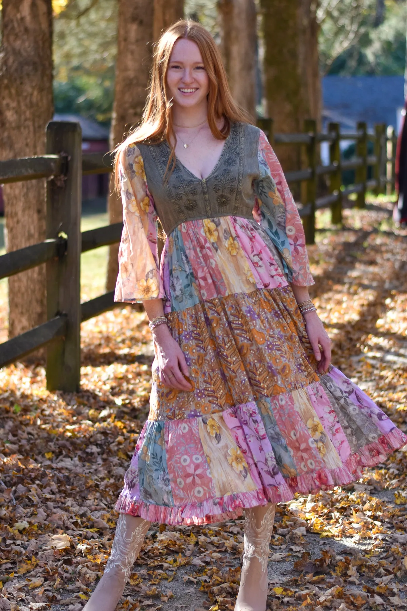 Rustic Bohemian Patchwork Midi Dress