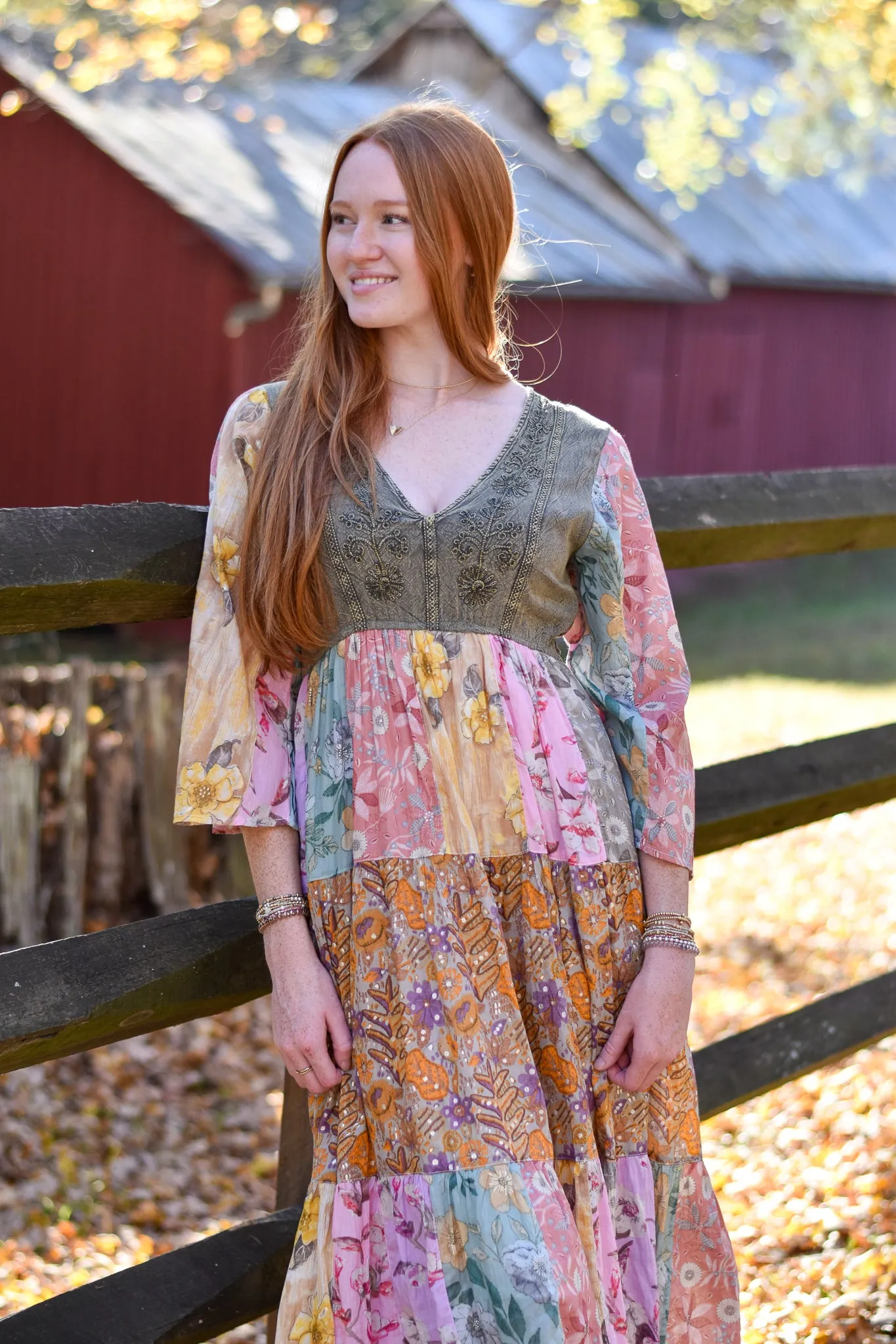 Rustic Bohemian Patchwork Midi Dress